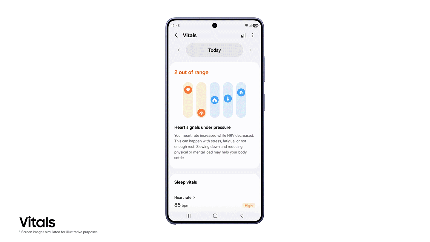 A GIF showing the different metrics analyzed with the new Vitals feature,  including heart rate, heart rate variability, respiratory rate, skin temperature and blood oxygen.