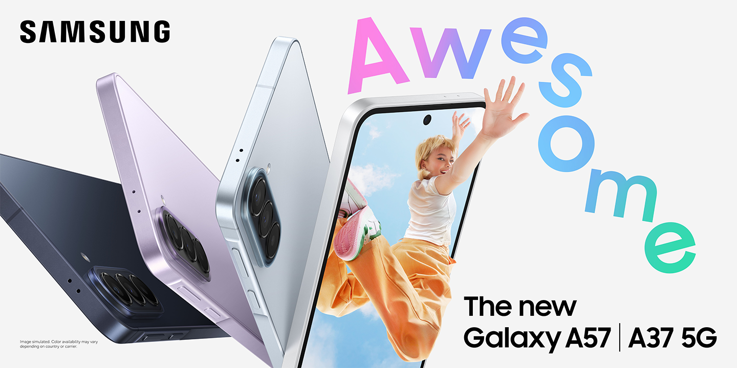 Four Galaxy A57 5G and A37 5G devices arranged in a fan shape, with a jumping young woman partially outside the screen on the last device. Text above reads “awesome” in a wave-like colorful design.