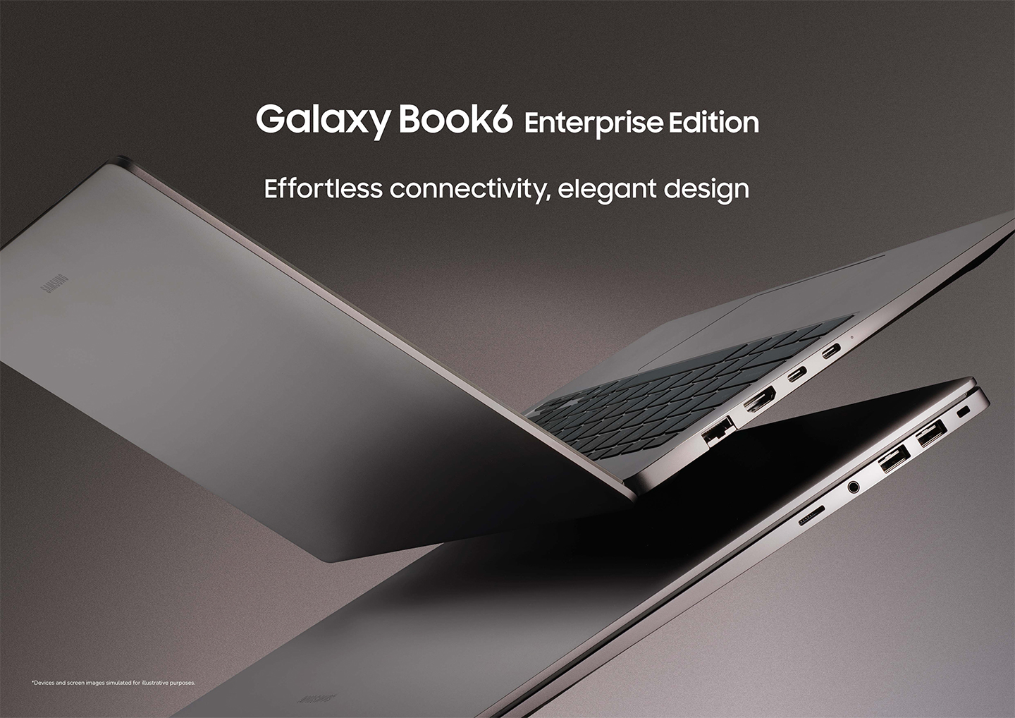 Two Galaxy Book6 Enterprise Edition laptops are tilted at an angle from bottom left to top right; the top one is open but facing away. The image includes white text, “Galaxy Book6 Enterprise Edition” and “Effortless connectivity, elegant design.”