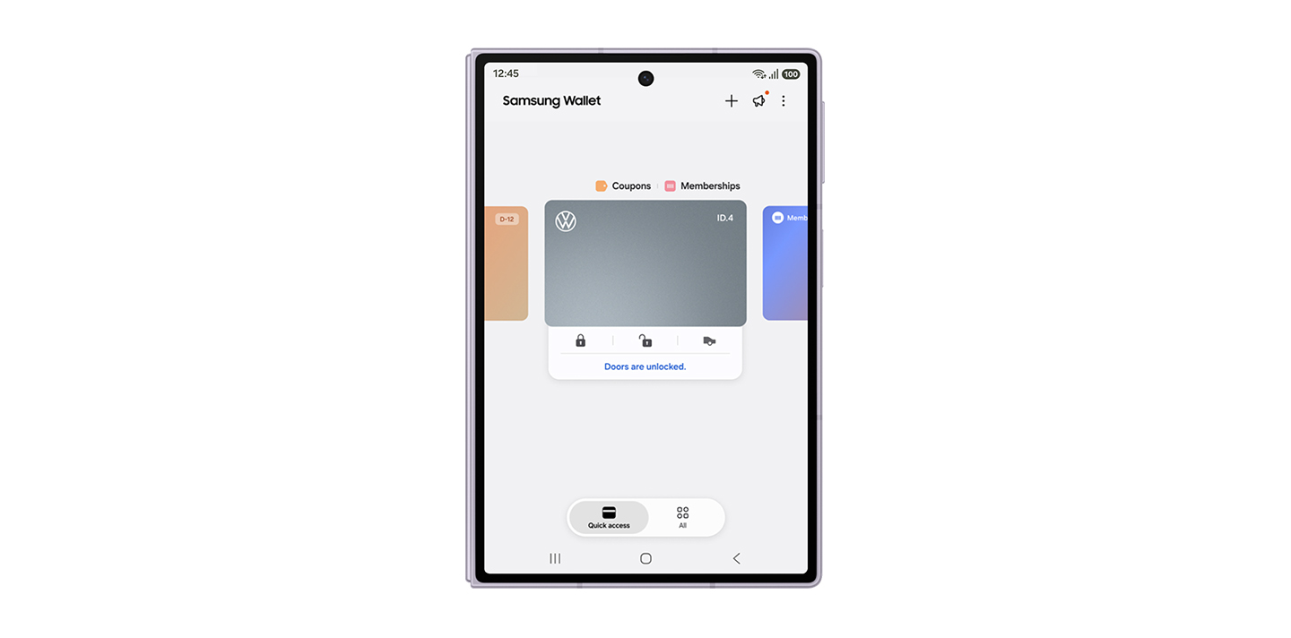 A folded Galaxy Z Fold8's cover screen with the Volkswagen Digital Key interface in the Samsung Wallet app. The text under the key reads, “Doors are unlocked.”