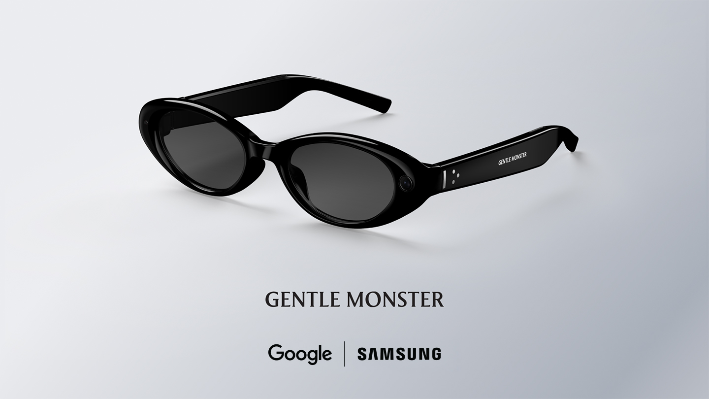 Intelligent eyewear design by Gentle Monster, featuring slim lenses in a black frame. 