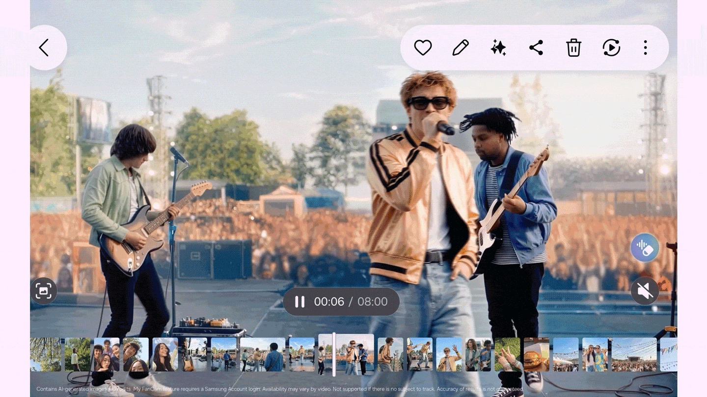 A horizontal video of a Galaxy S26 FE playing a video of a band performing on stage. After enabling the My FanCam feature, the user chooses to follow the lead singer, cropping out the rest of the band. Text at the end reads, 