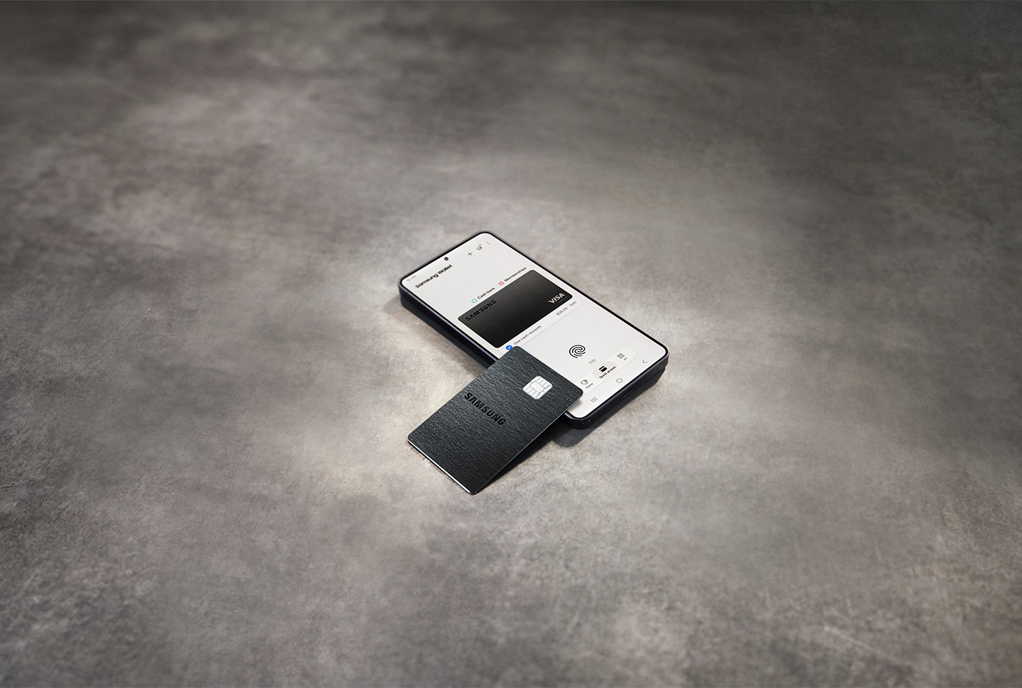 A Samsung Galaxy Card rests on a smartphone displaying Samsung Wallet on its screen.