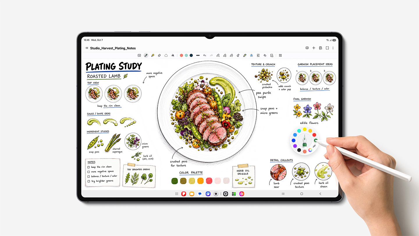  A Galaxy Tab S12 Ultra displaying an image of the ingredients of a roast lamb meal with a hand using the S Pen to make notes.  