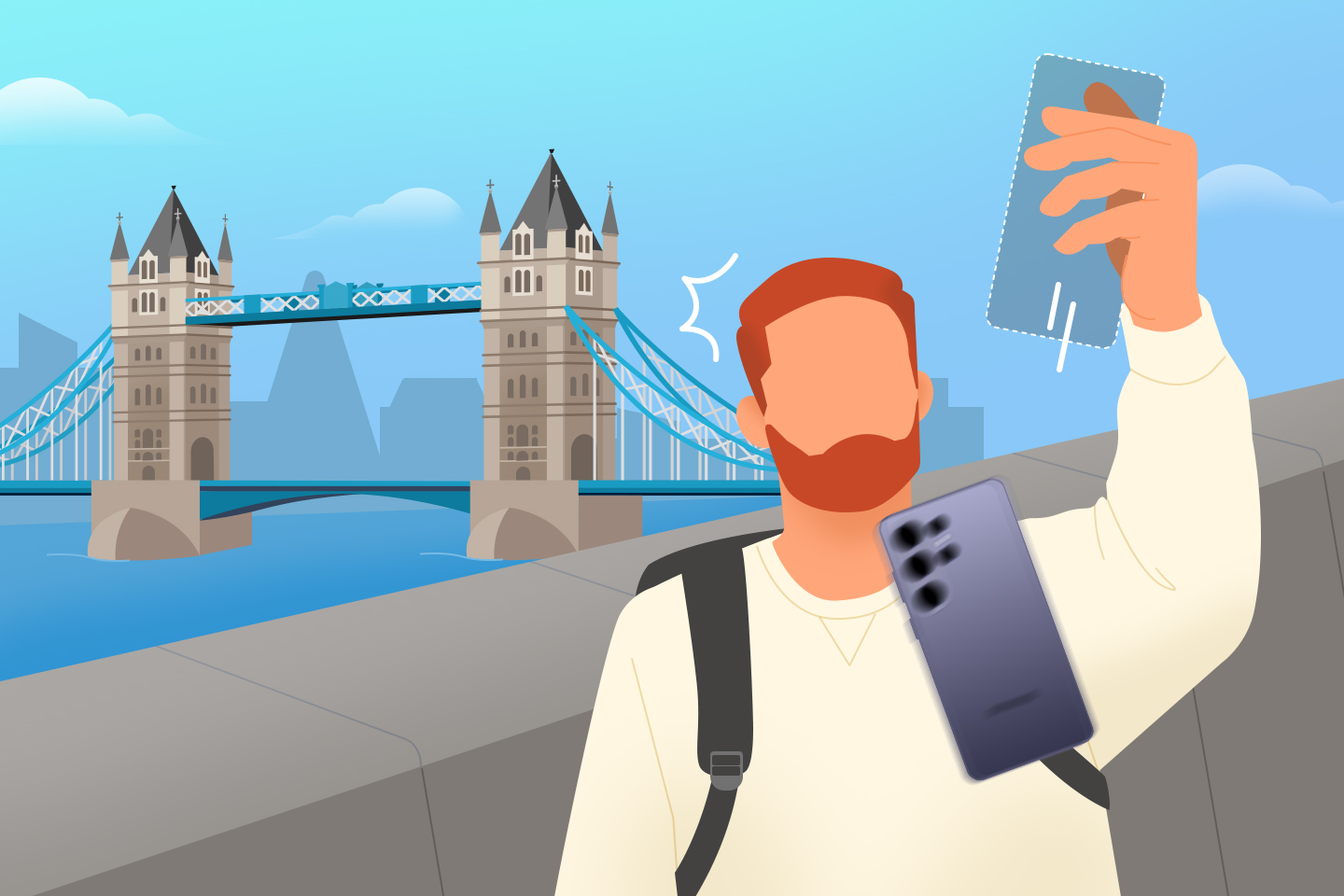 A man accidentally drops his Galaxy device while taking a photo of Tower Bridge in London.