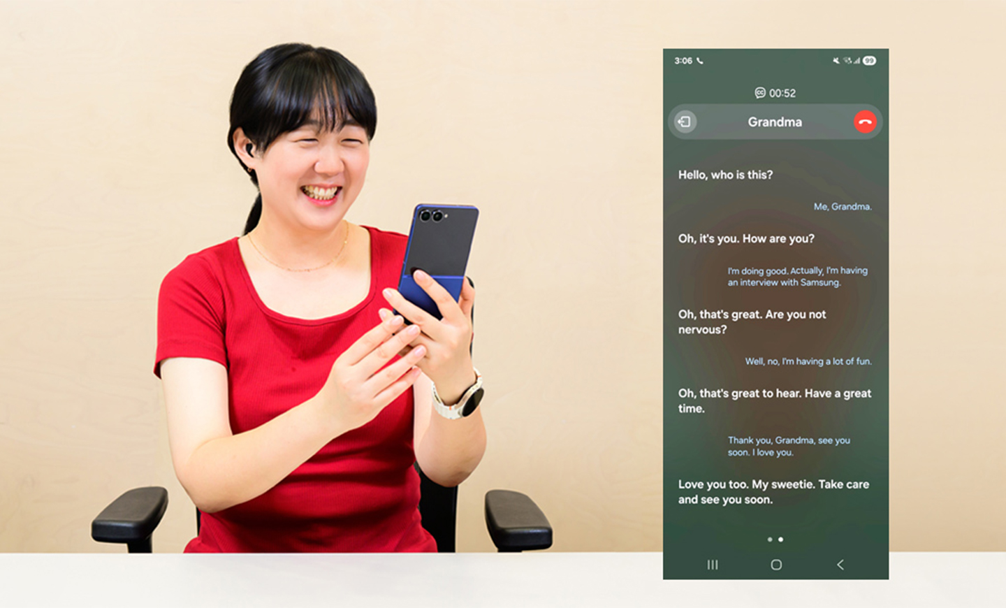 One of the Samsung Supporters is holding a Galaxy Z Flip7. On the right is an enlarged UI screen.