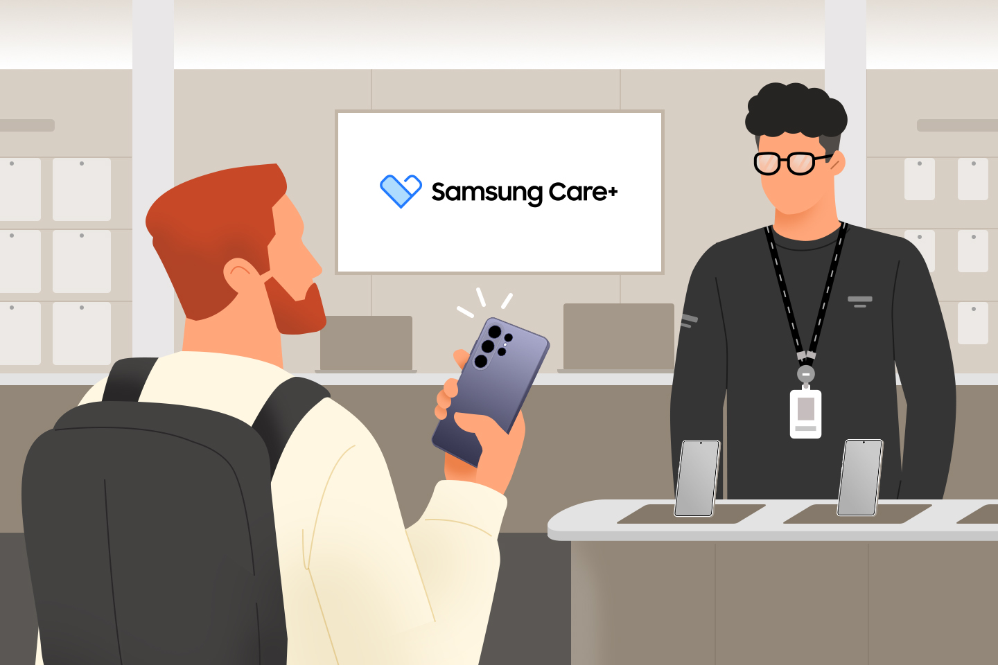 A man holding a Galaxy phone visits a Samsung-certified service center to repair his device.