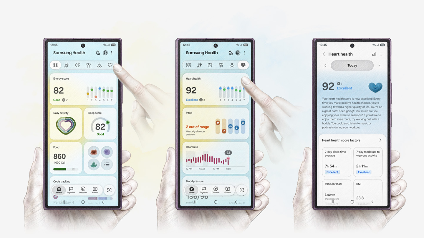 Illustration of three smartphones held in hands, indicating the navigation path from the Samsung Health app’s home screen to the Heart Health tab and its detailed metrics.