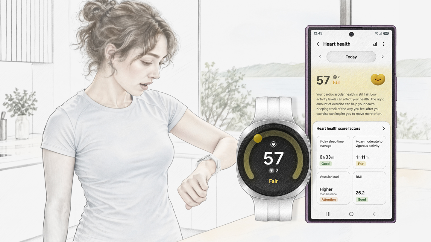 Illustration of a woman checking her Galaxy Watch beside a smartphone featuring a Samsung Health Heart Health Score of 57, marked Fair, with sleep, activity, vascular load and BMI factors.