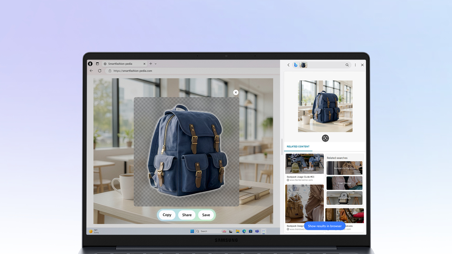 An open 14-inch Galaxy Book6 laptop displaying an image search result for a blue backpack. The AI cut out feature is being used to remove the background from the image.  