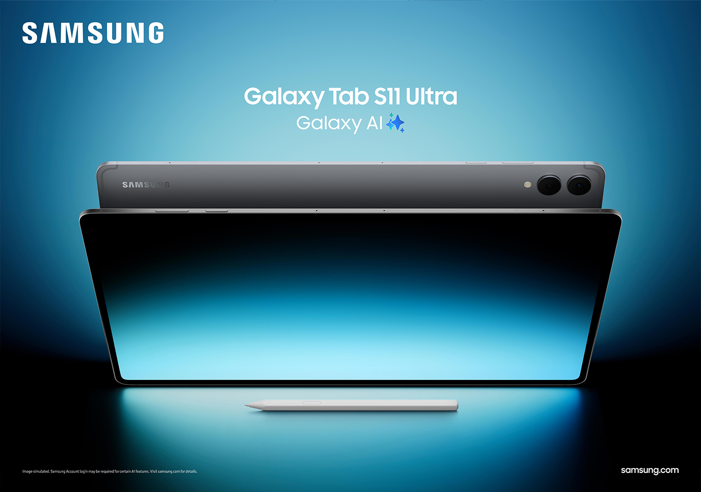 Two Galaxy Tab S11 Ultras in gray are stacked vertically, one revealing the screen and the other revealing the back. Their screens glow in shades of blue. The text above reads Galaxy Tab S11 Ultra and Galaxy AI, and there is a Samsung logo in the top left corner.