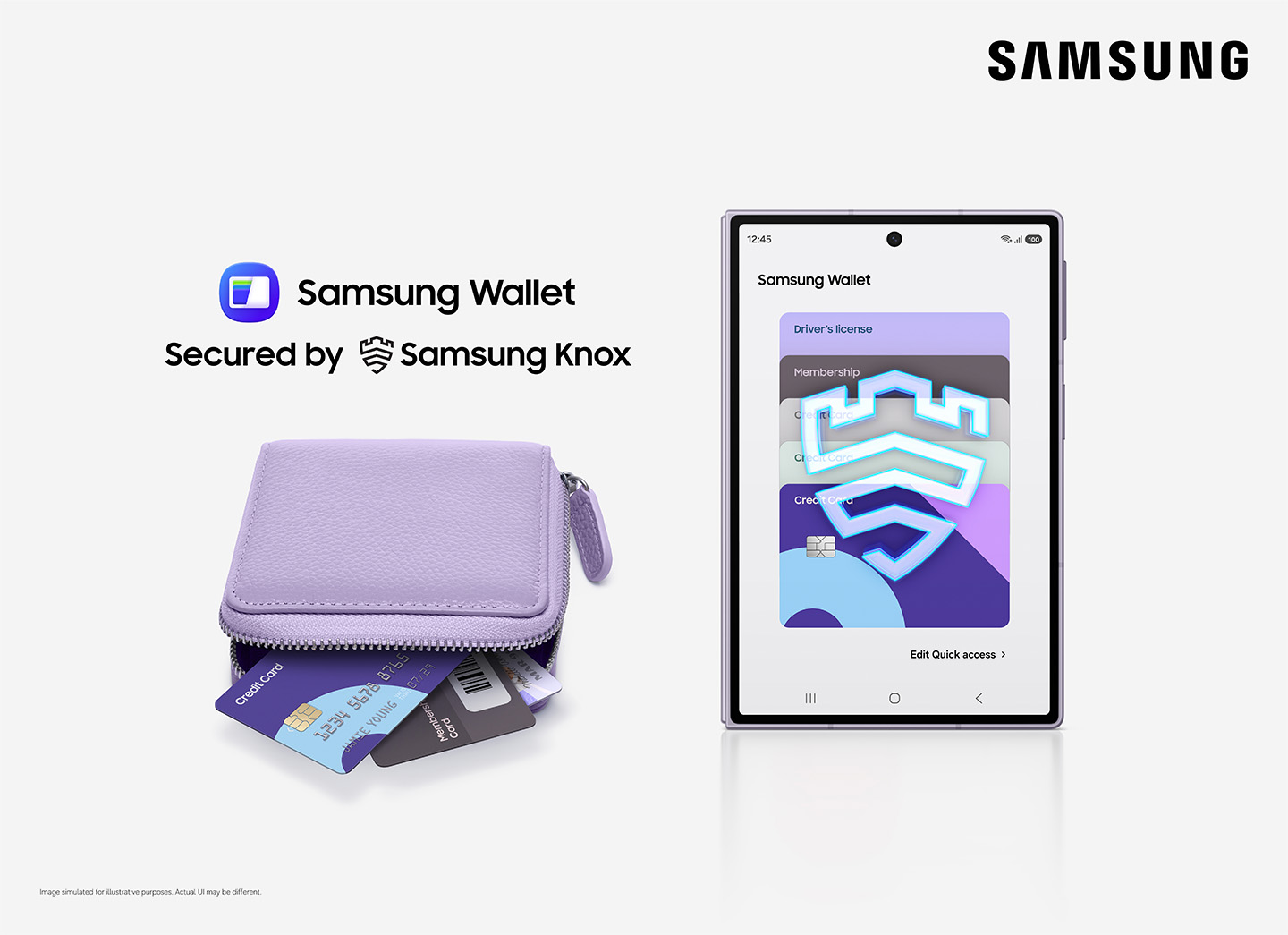 A physical wallet with cards spilling out beside a Galaxy Z Fold8 displaying Samsung Wallet, highlighting how the app is secured by Samsung Knox to protect users' digital cards and IDs. 