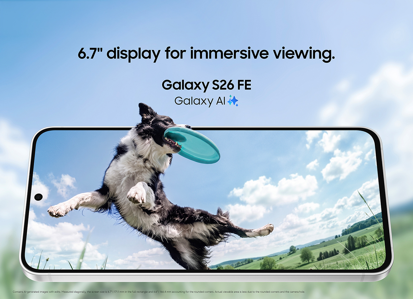 A horizontal Galaxy S26 FE with a dog catching a frisbee coming out from the edges of the screen. The text reads, 