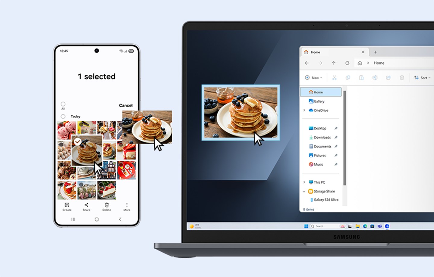 A Samsung Galaxy smartphone displaying a photo gallery with one selected food image next to a 14-inch Galaxy Book6 accessing the same image via Storage Share.