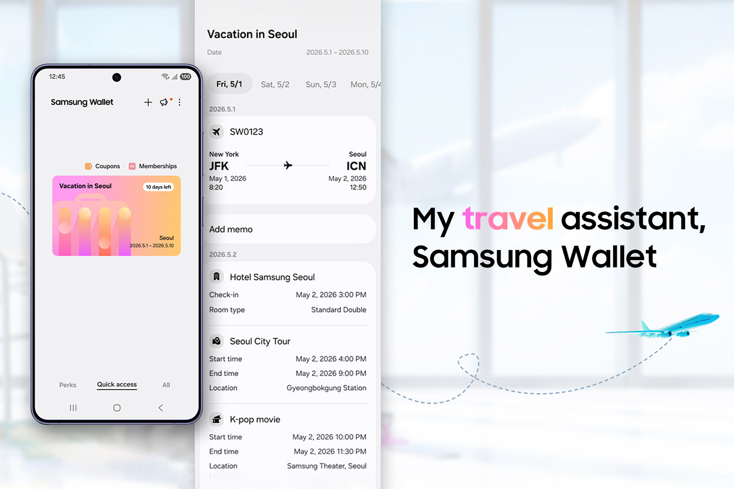 A mockup of the new Trips feature in Samsung Wallet includes a date-sorted list of a flight followed by hotel, tour and movie reservations.