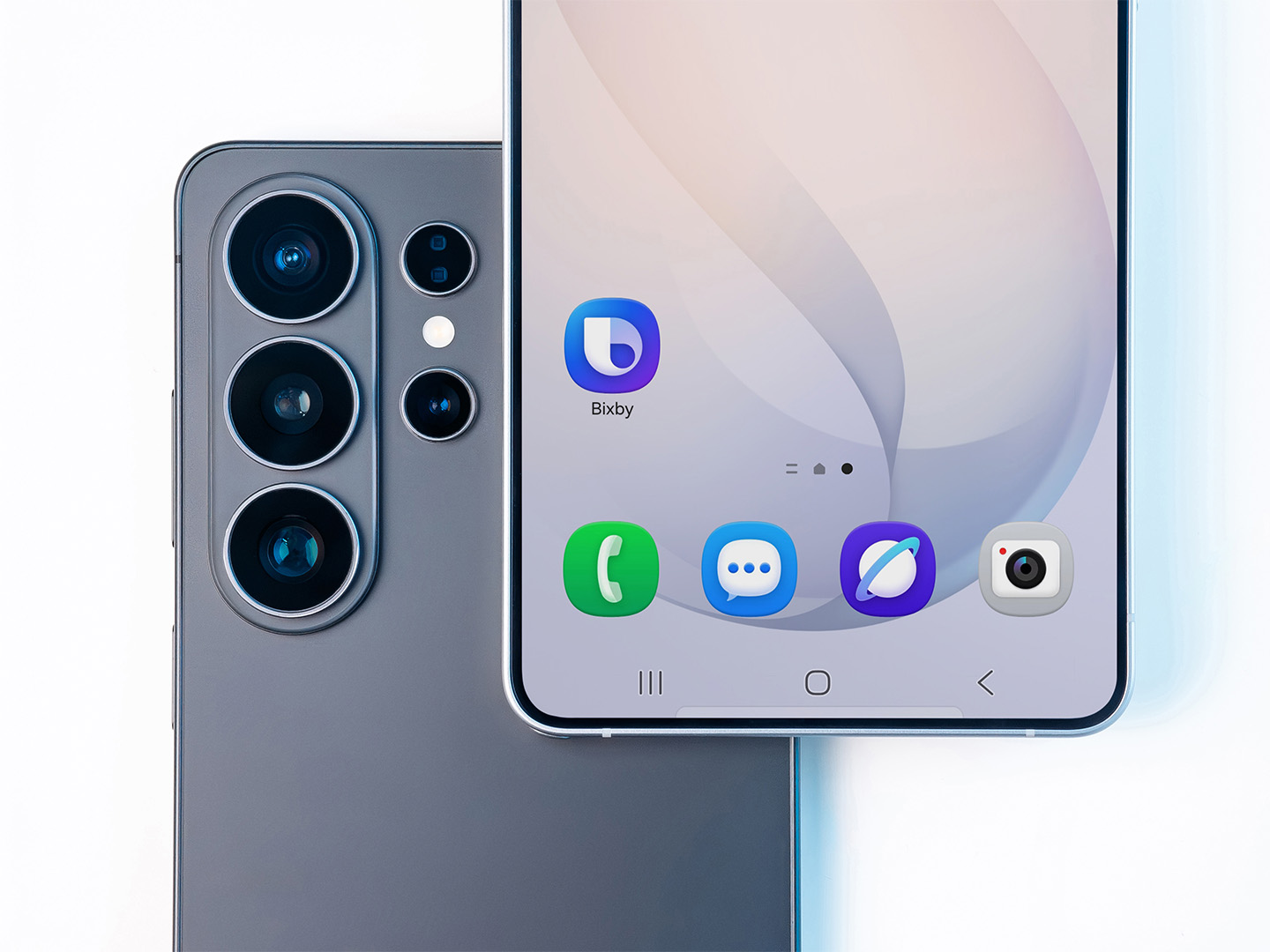 Carousel of Galaxy phones stacked on their back side. First image features the main screen with the Bixby app icon, and the second one reveals the Bixby interface with suggested prompts.