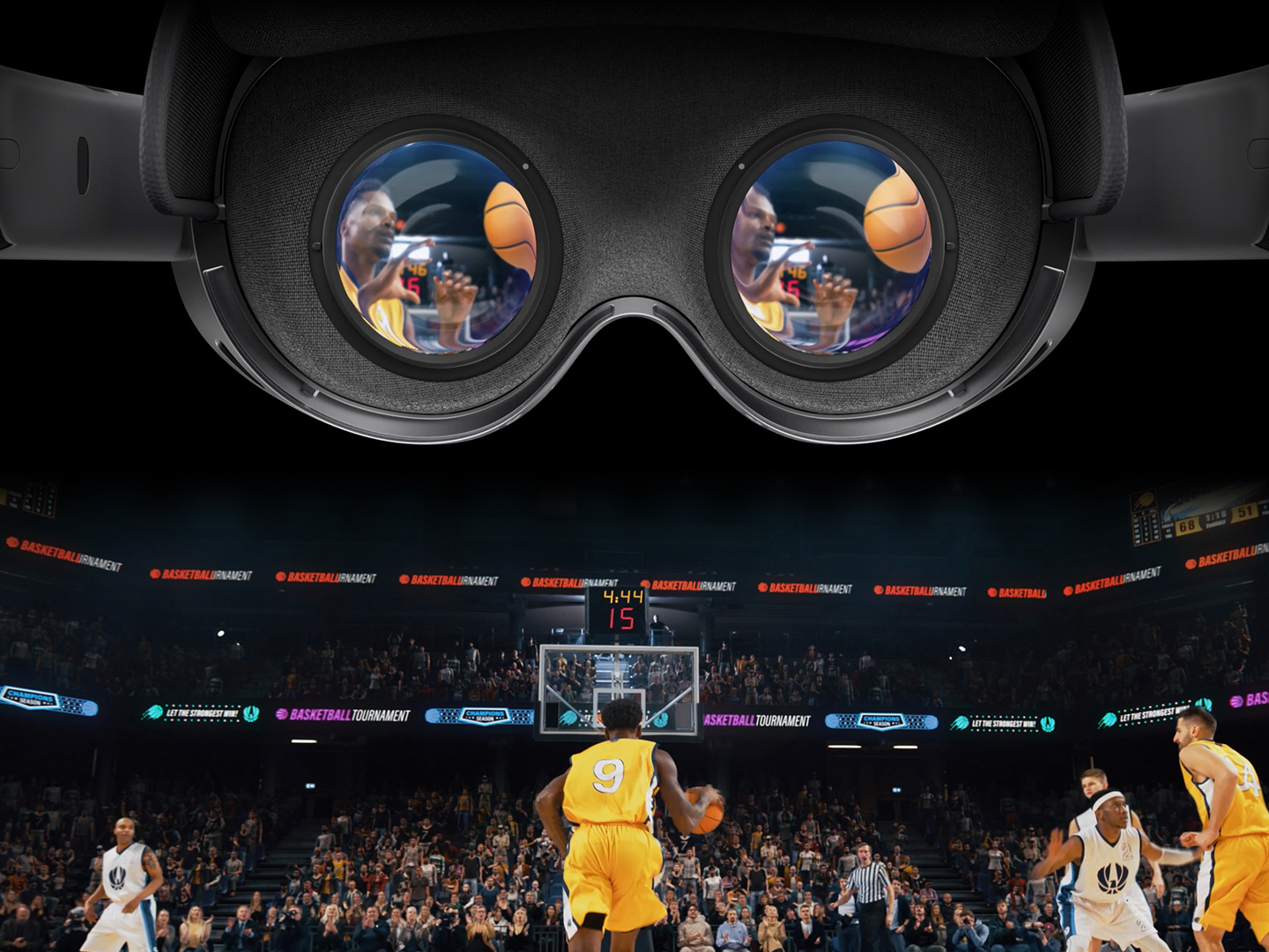 An in-court shot from behind a player during a basketball game as they move toward the rival's hoop. Above, a Galaxy XR device's inner face features a close-up of the ball player's face. 