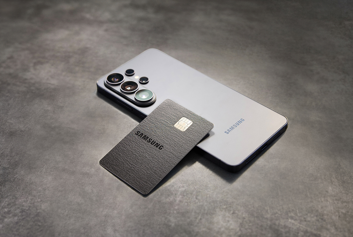 A Samsung Galaxy Card rests on a face-down Samsung Galaxy S26 Ultra.