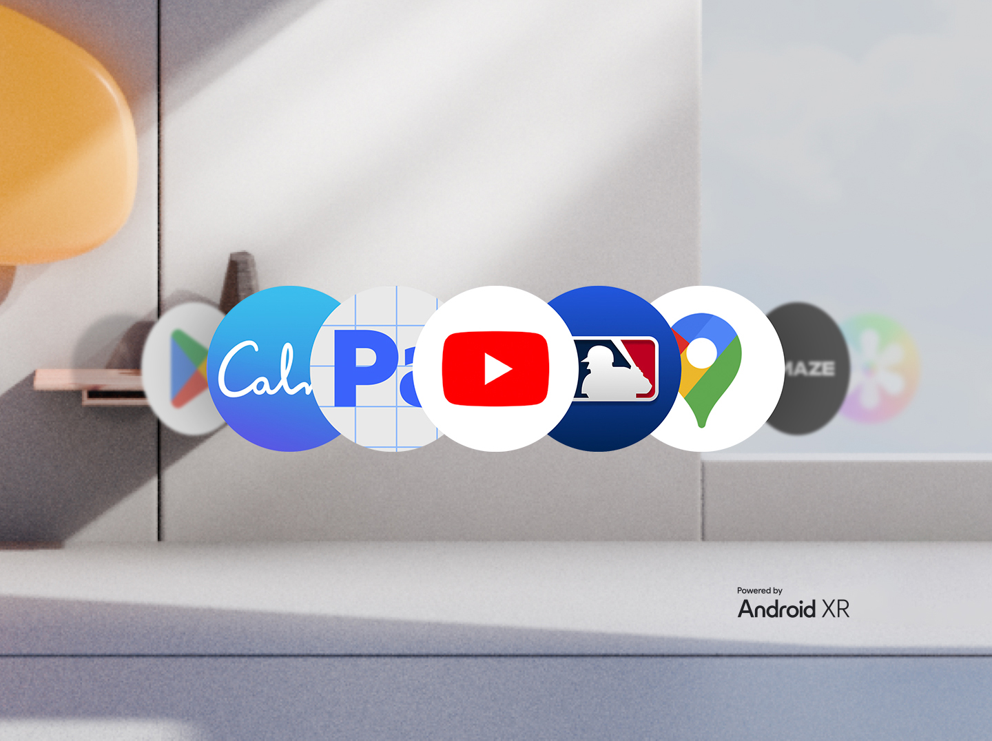 Android app icons are arranged side by side against a virtual background.