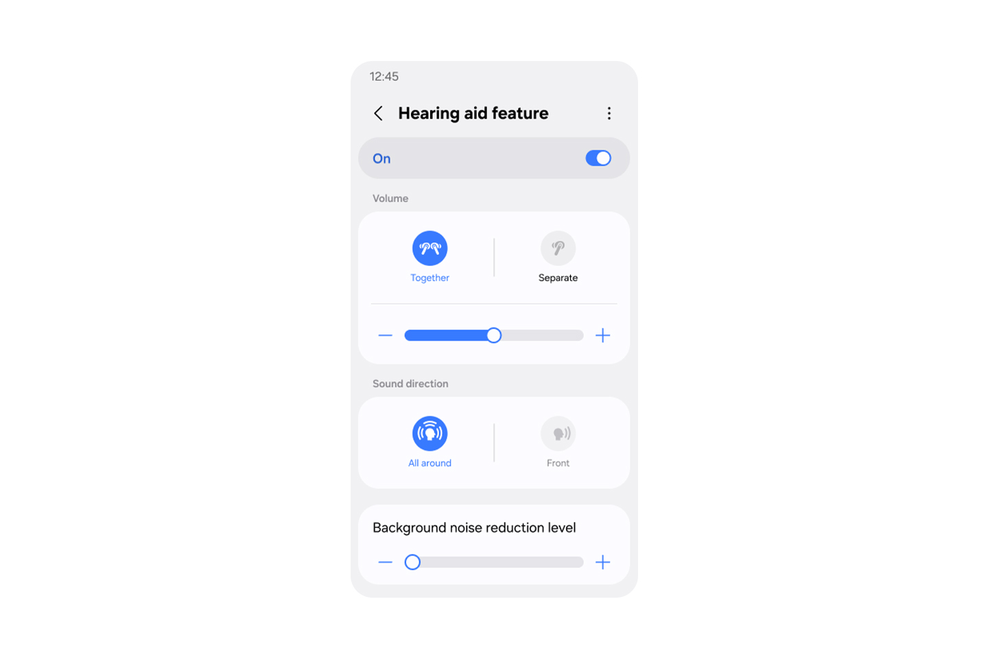 Hearing Aid settings screen with the feature turned on, volume set to adjust both earbuds together, sound direction set to 