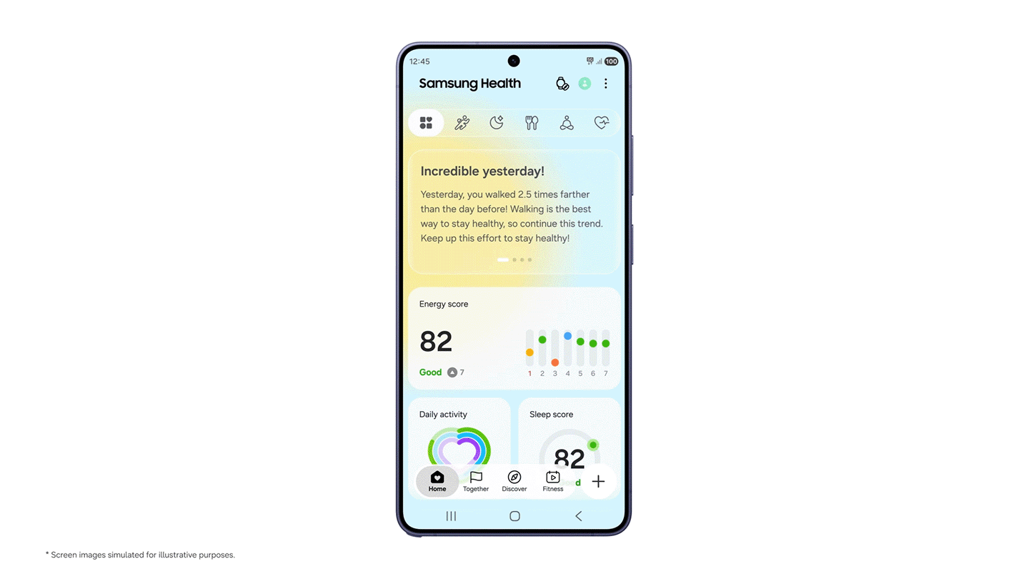 The new streamlined Samsung Health interface includes breaks down health insights into five key sections: Sleep, Activity, Nutrition, Mindfulness and Vitals. 
