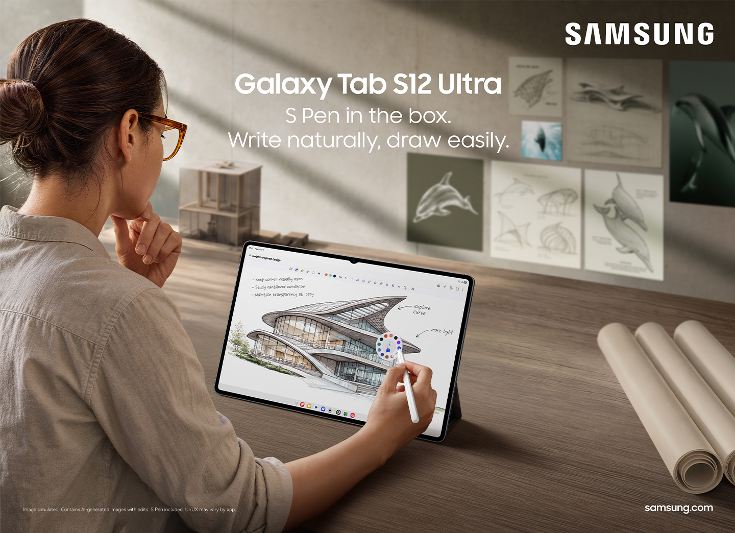 A woman using an S Pen to draw a building on a Galaxy Tab S12 Ultra. Text above reads, 