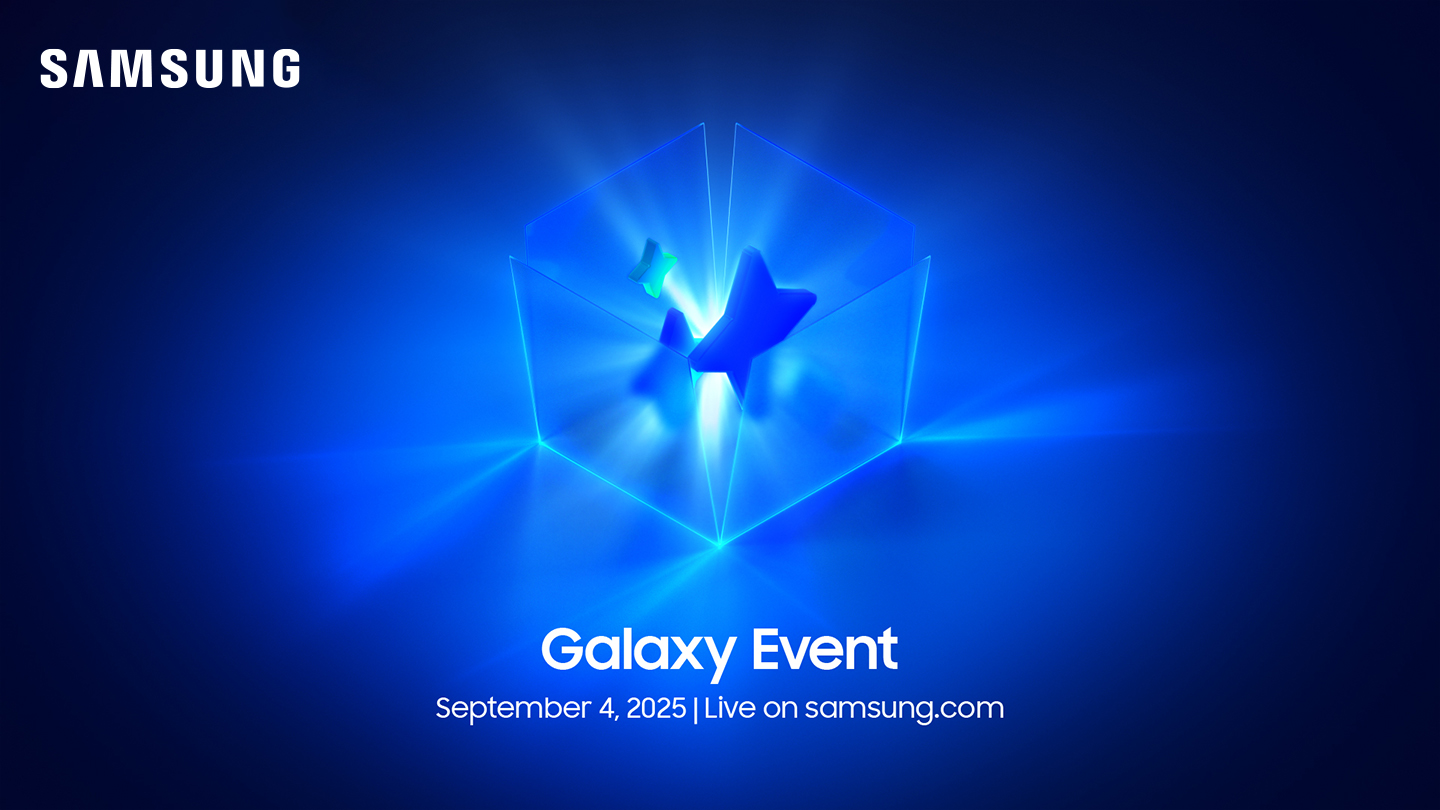 A transparent box with Galaxy AI logo inside glows against a dark background. Below it, text reads ‘Galaxy Event, September 4, 2025, live on Samsung.com.’ The Samsung logo is in the top left corner.