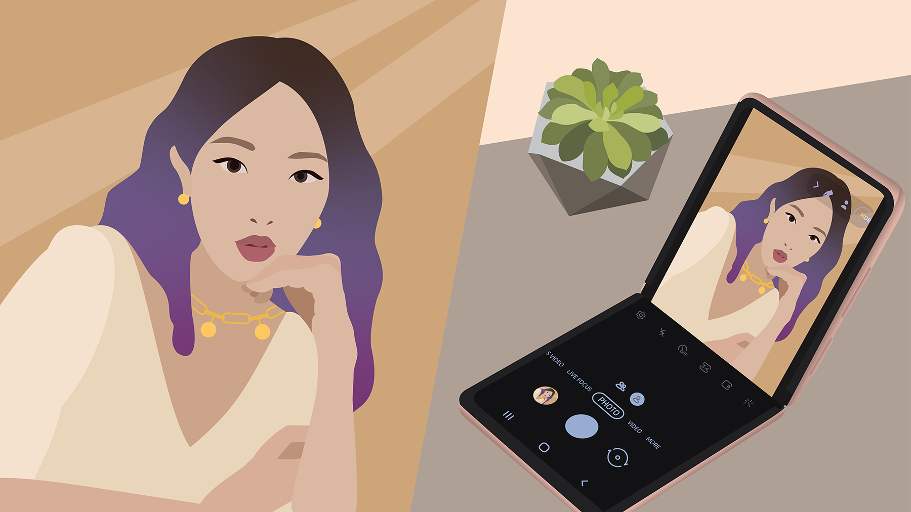 Illustration of a content creator taking a hands-free selfie with the Galaxy Z Flip.