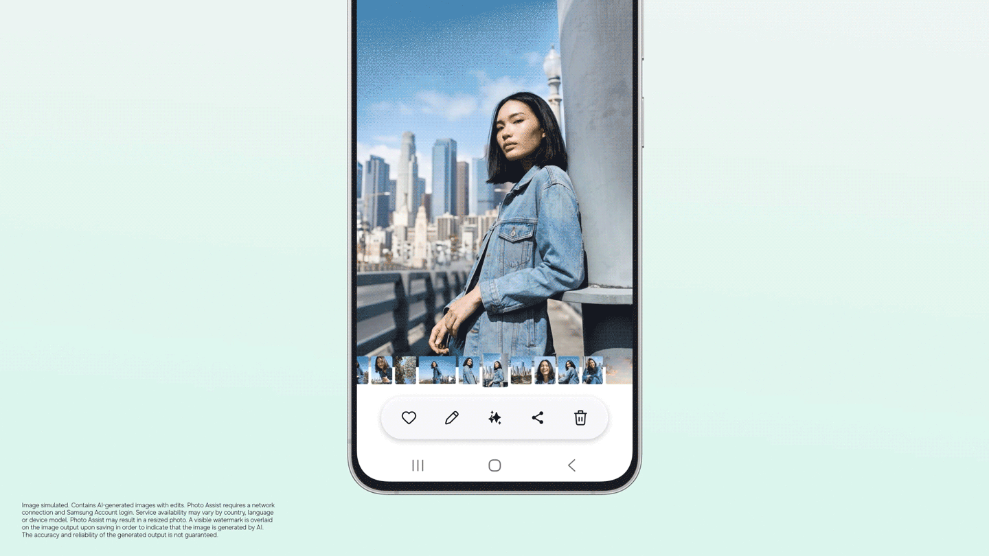 A horizontal video of a Galaxy S26 FE playing a video of a band performing on stage. After enabling the My FanCam feature, the user chooses to follow the lead singer, cropping out the rest of the band. Text at the end reads, 