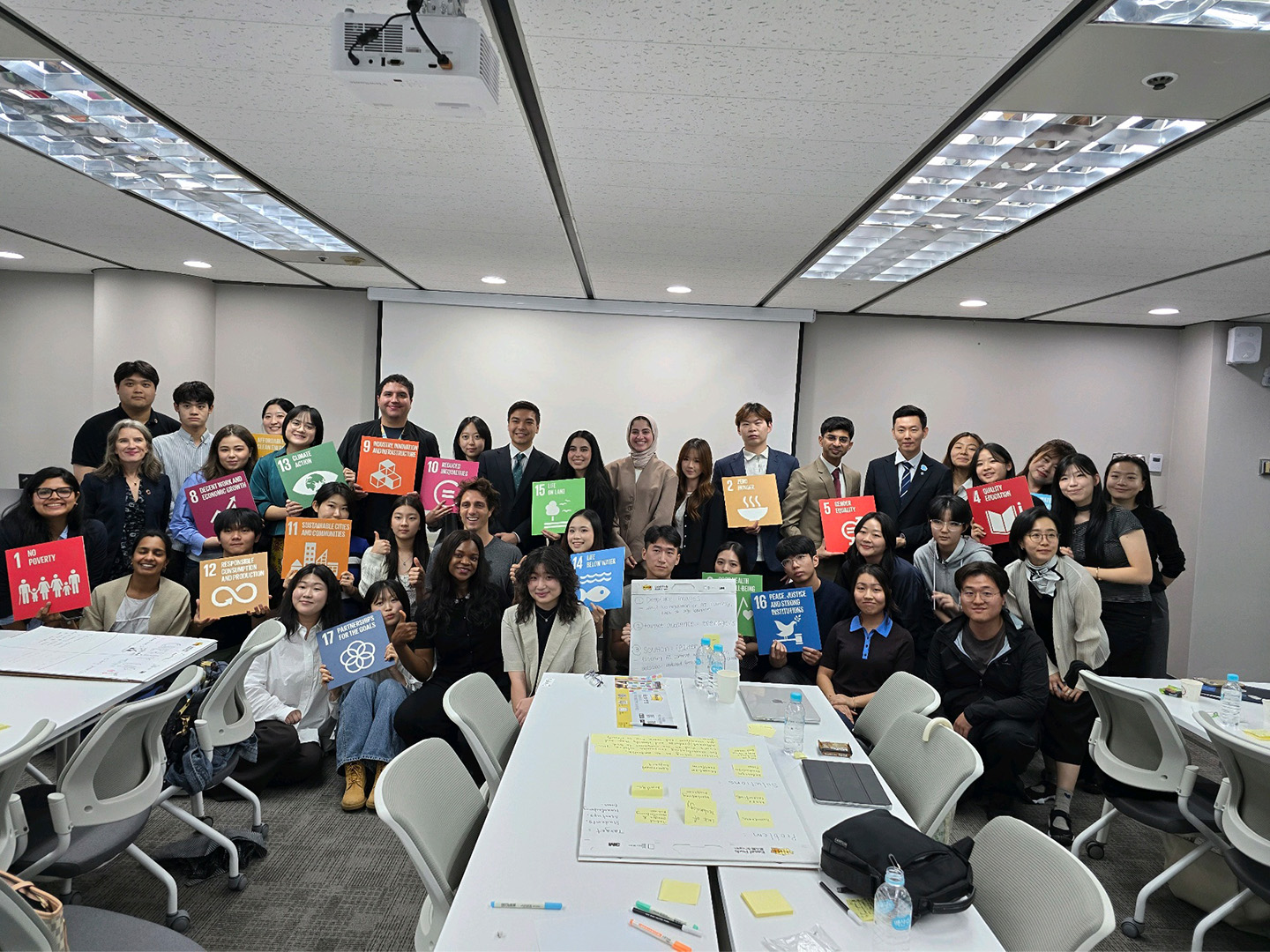 Generation17 Young Leaders pose with cards representing the Global Goals at an event co-hosted with the UNDP. 