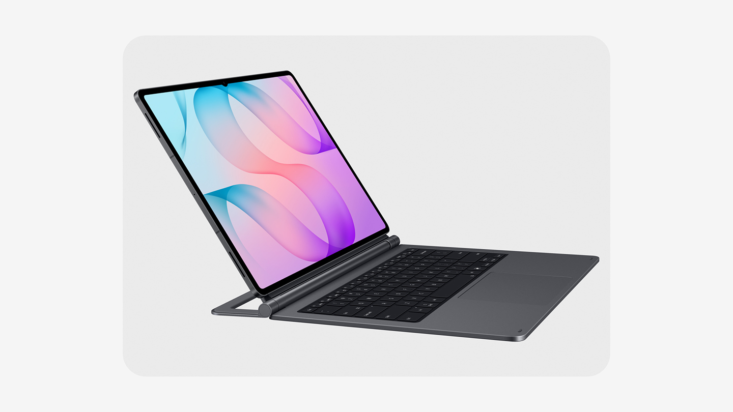 An open Galaxy Tab S12 Ultra with an attached keyboard.  