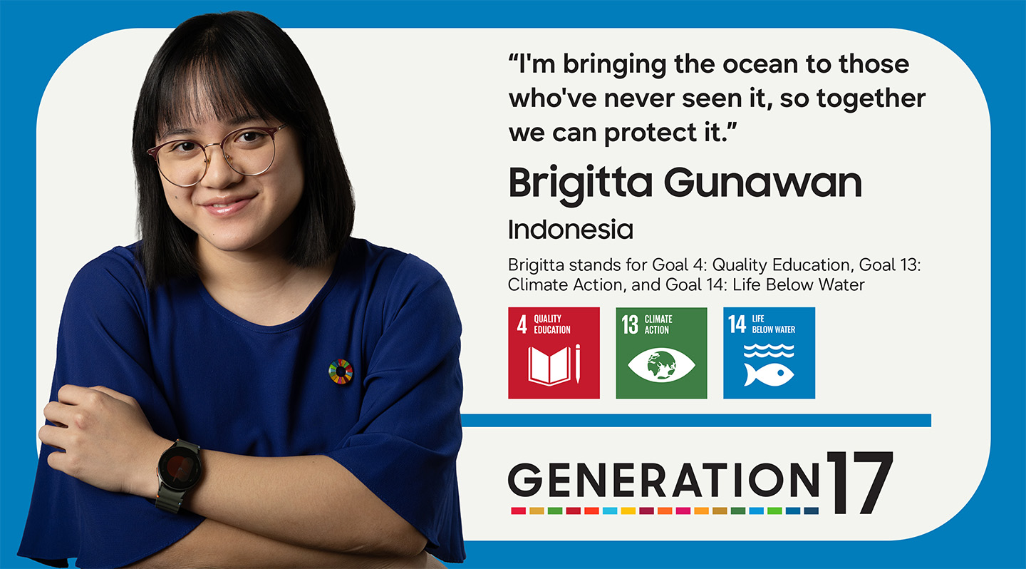 Portrait of Brigitta Gunawan with a quote reading, “I'm bringing the ocean to those who've never seen it, so together we can protect it.”