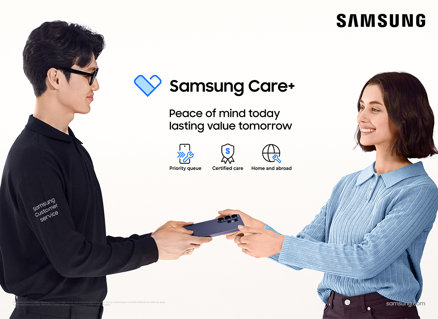 A smiling woman receives a Galaxy smartphone from a Samsung employee. The benefits of Samsung Care+ are listed: Priority Queue, Certified Care, and Home and Abroad coverage.  