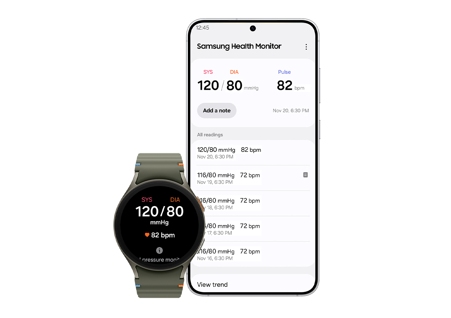 Collage-style image of a woman using an upper arm cuff and wearing a Galaxy Watch to measure blood pressure, alongside Watch and Galaxy phone screens revealing the results. 