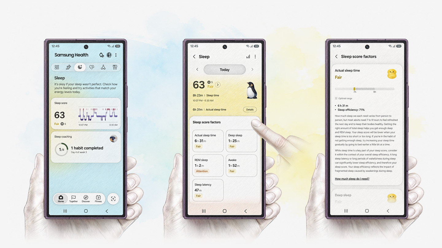 Illustration of three Galaxy mobile phones held in hands, featuring Samsung Health sleep screens with a sleep score of 63 marked Fair, the factors contributing to the score and additional sleep insights.