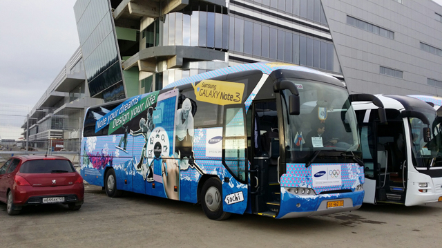 Samsung&rsquo;s Sochi 2014 outdoor advertising campaign wrapped around a coach bus travelling around Sochi.