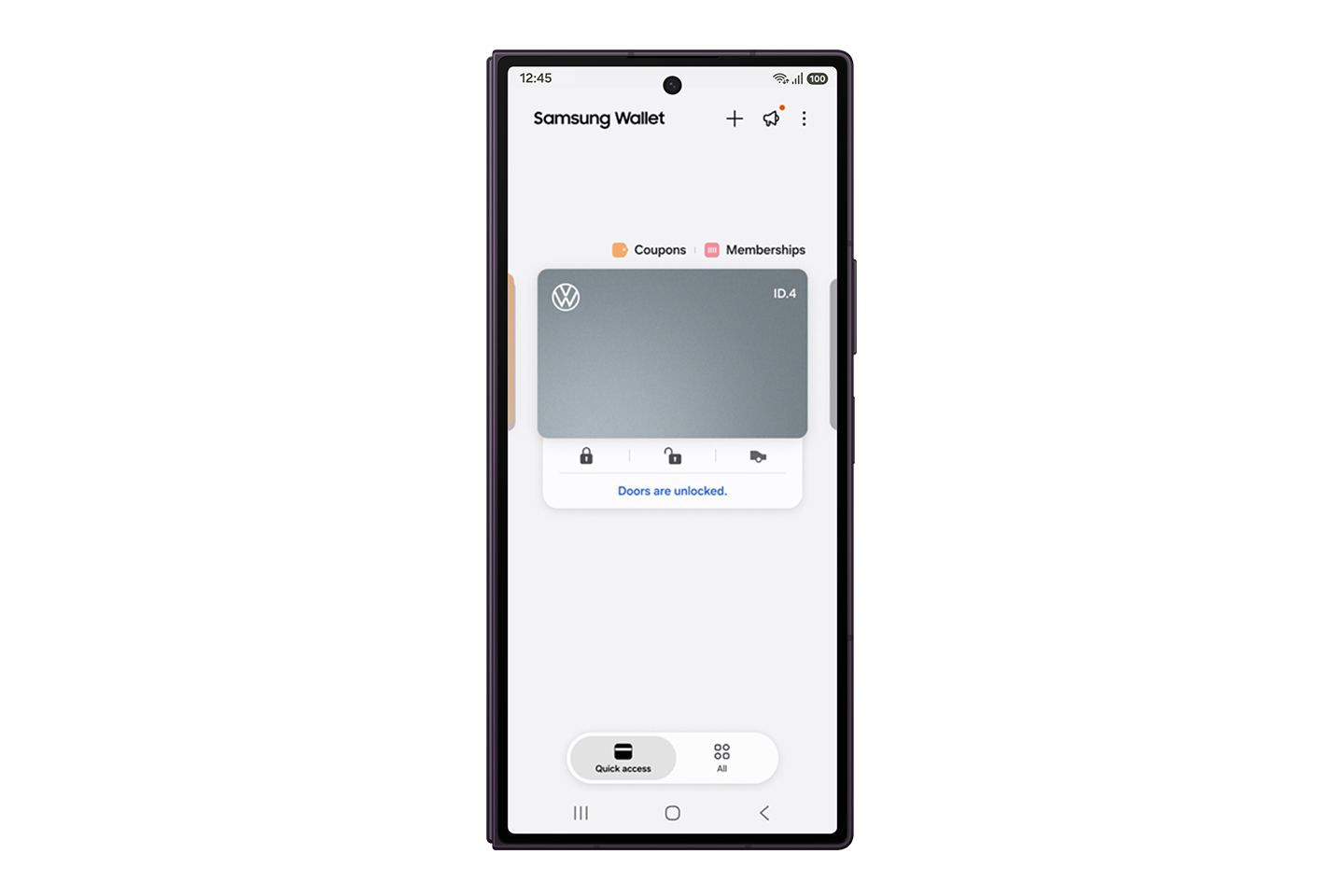 A folded Galaxy Z Fold8 Ultra's cover screen with the Volkswagen Digital Key interface in the Samsung Wallet app. The text under the key reads, “Doors are unlocked.”