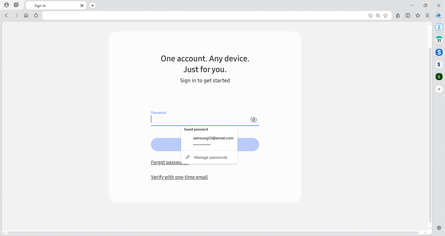 Samsung Account sign-in interface with email and masked password field, with Samsung Pass enabling secure autofill. 