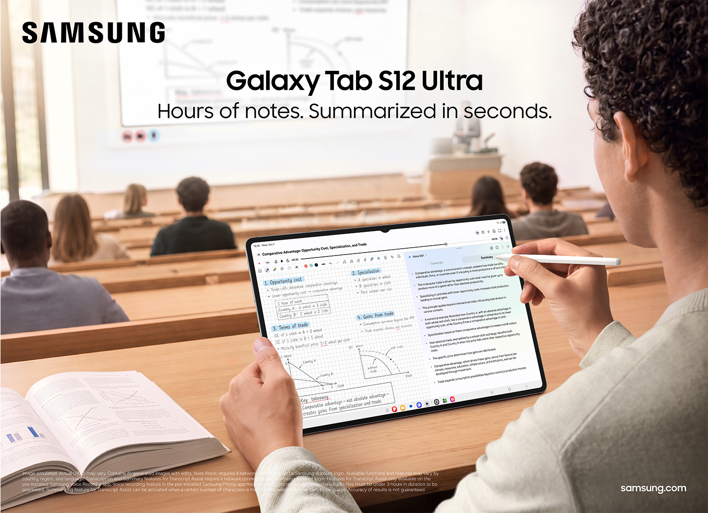 A person taking notes on a Galaxy Tab S12 Ultra with an S Pen during a lecture in an auditorium. Text above reads, 